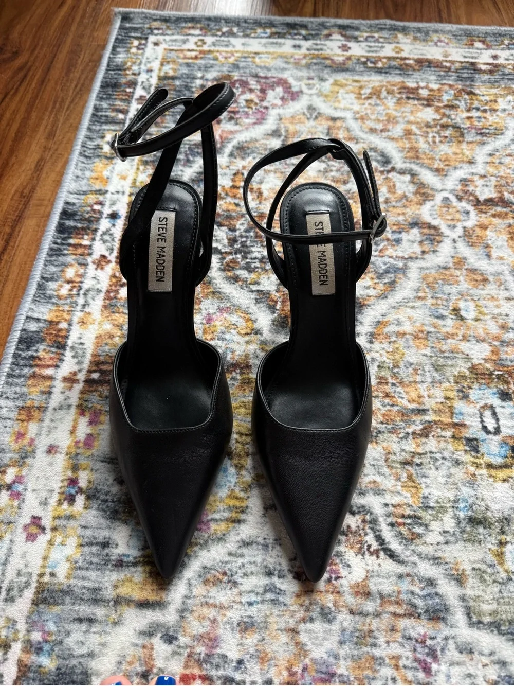Steve Madden Black Pointed Ankle-Strap Pumps with Slim Heel